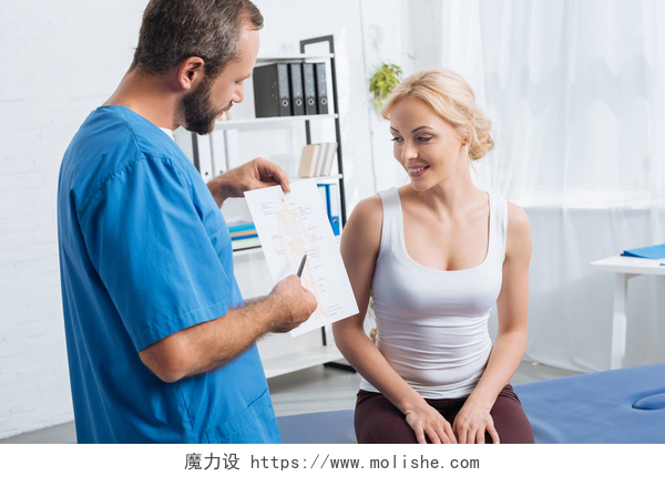 一位男理疗师在给女孩子推荐产品理疗师在医院按摩台上向女性展示人体方案